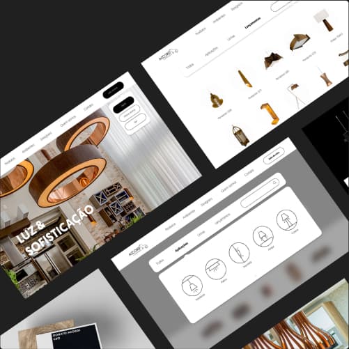 Accord Iluminação website pages displaying decorative light fixtures. Screenshot of multiple pages from the Accord Iluminação website, displaying decorative light fixtures with contemporary and sophisticated design.