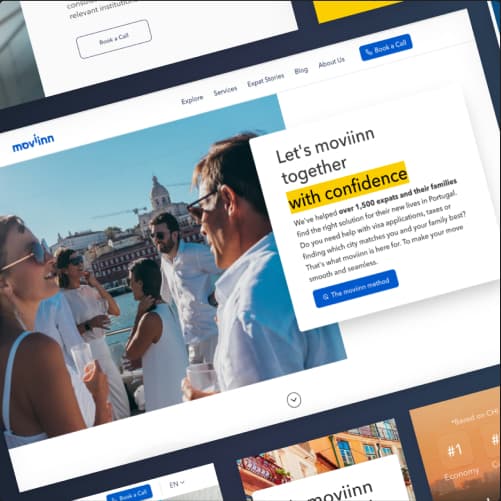 Moviinn website highlighting confidence in the services provided. Screenshot of the Moviinn company website, showcasing a section highlighting confidence in the services provided. The image features people conversing outdoors in an urban setting.