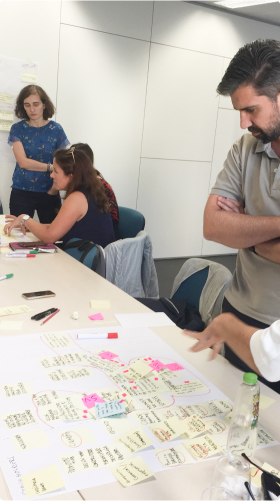 People participating in a brainstorming session at a conference table. The table is covered with colorful post-it notes and annotations. A man is standing, observing the notes, while others are sitting and writing.